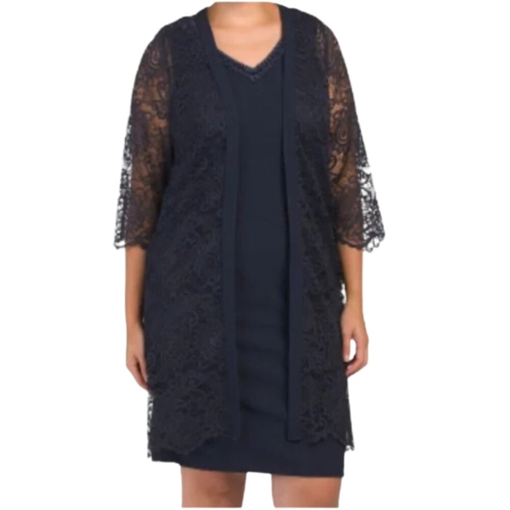 Maya Brooke  Beaded and Scalloped Lace V-Neck Jacket Set